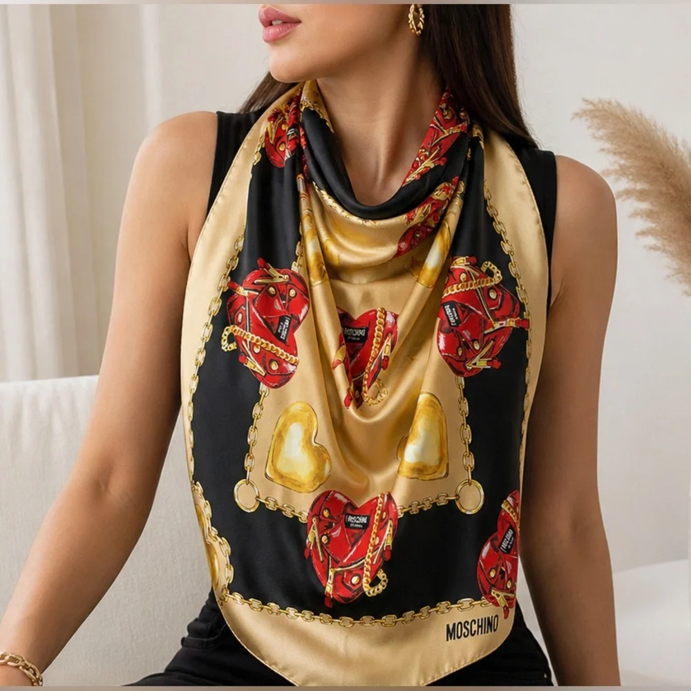 NWT MOSCHINO Silk Red/Black/Gold Heart Print Medium Square Scarf Made In Italy